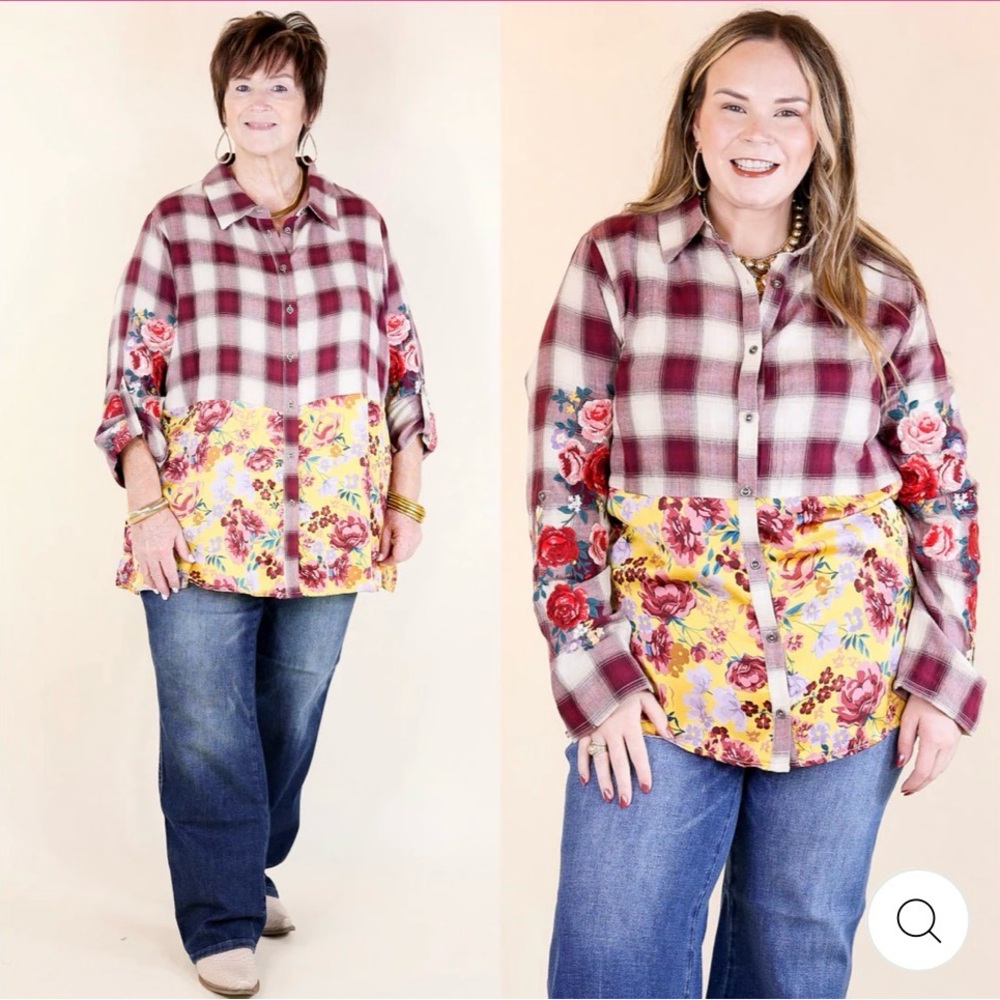 Red Plaid and Floral Button Up Shirt